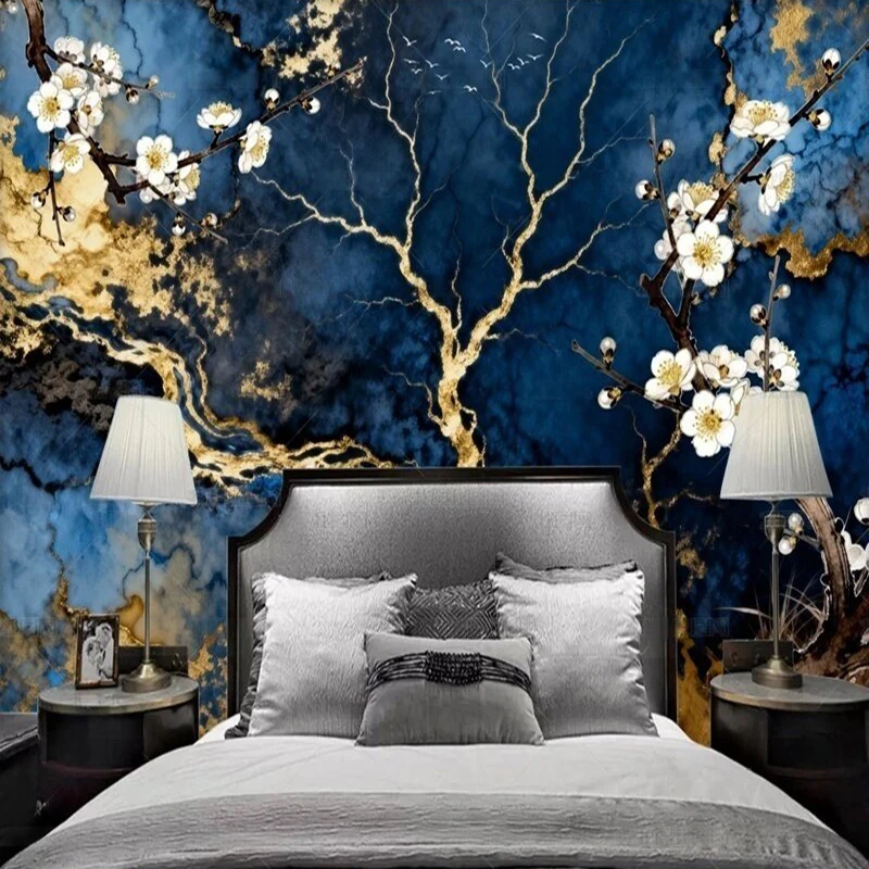 الحديثة الراقية ضوء فاخر الحبر الأزرق غرست بلاط رخامي مذهب زهر البرقوق التلفزيون الفاخرة ديكور المنزل ورق حائط الخلفية #1