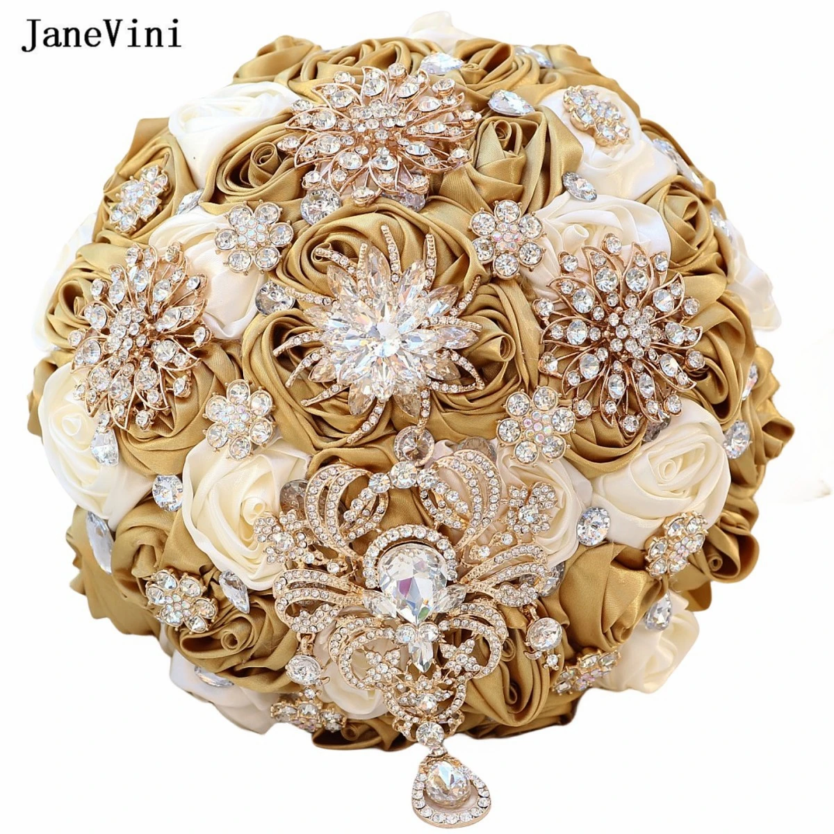 JaneVini New Luxury Rhinestone Ribbon Flowers Light Gold Ivory Bridal Bouquets Artificial Satin Roses Wedding Bouquet for Bride