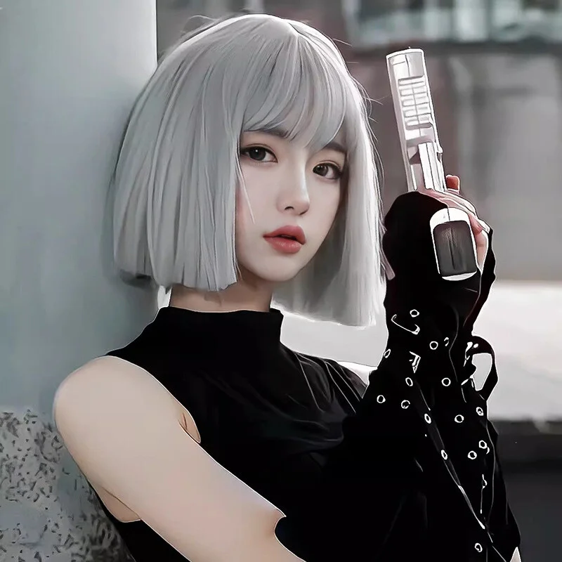 

Women Wig Short Straight Hair Wig Grey Female Wig Wig Cap