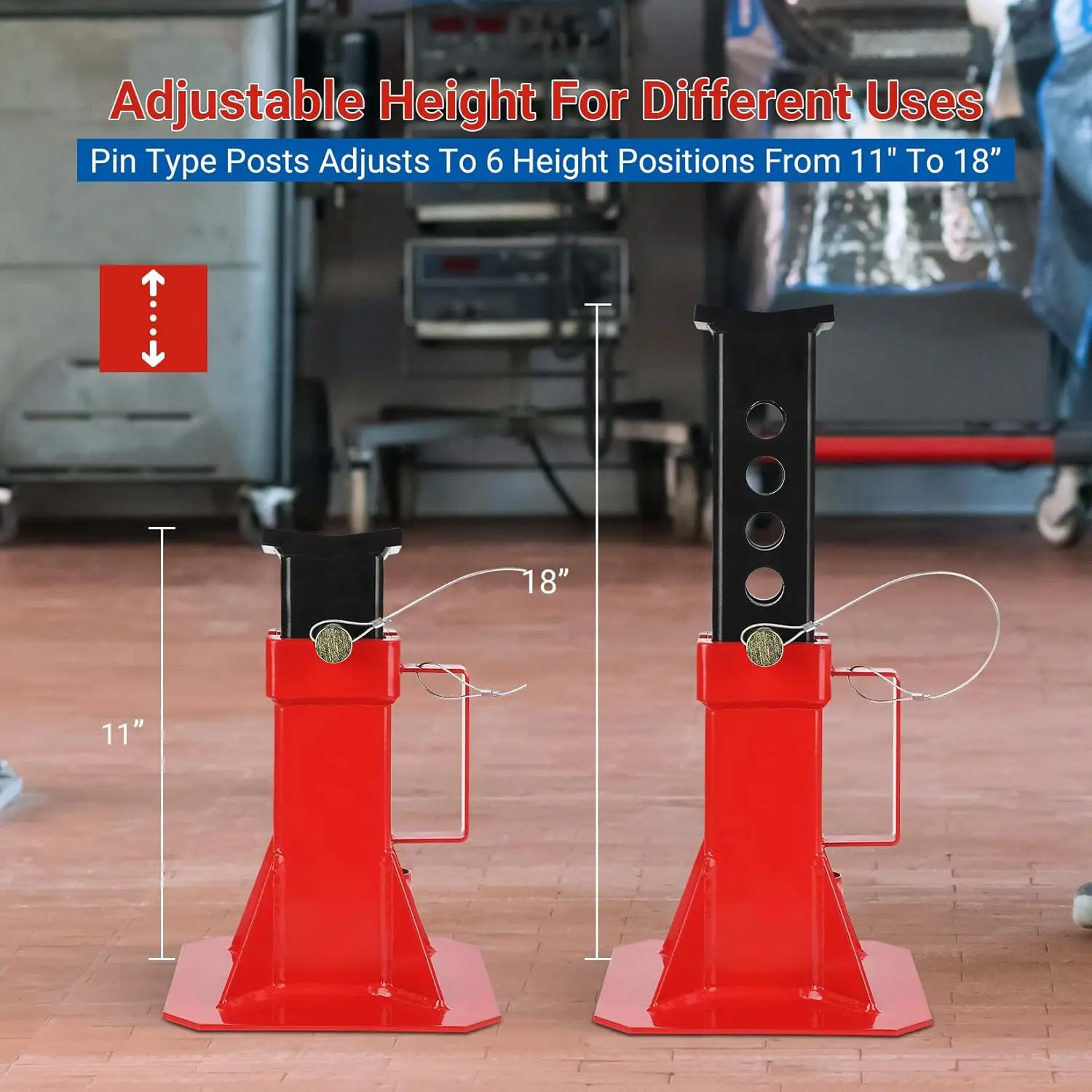 Car Jack Stands Steel 12 Ton Capacity Red Heavy Duty Pin Type 1 Pair with Lock, Adjustable Height 11"-18" view 2