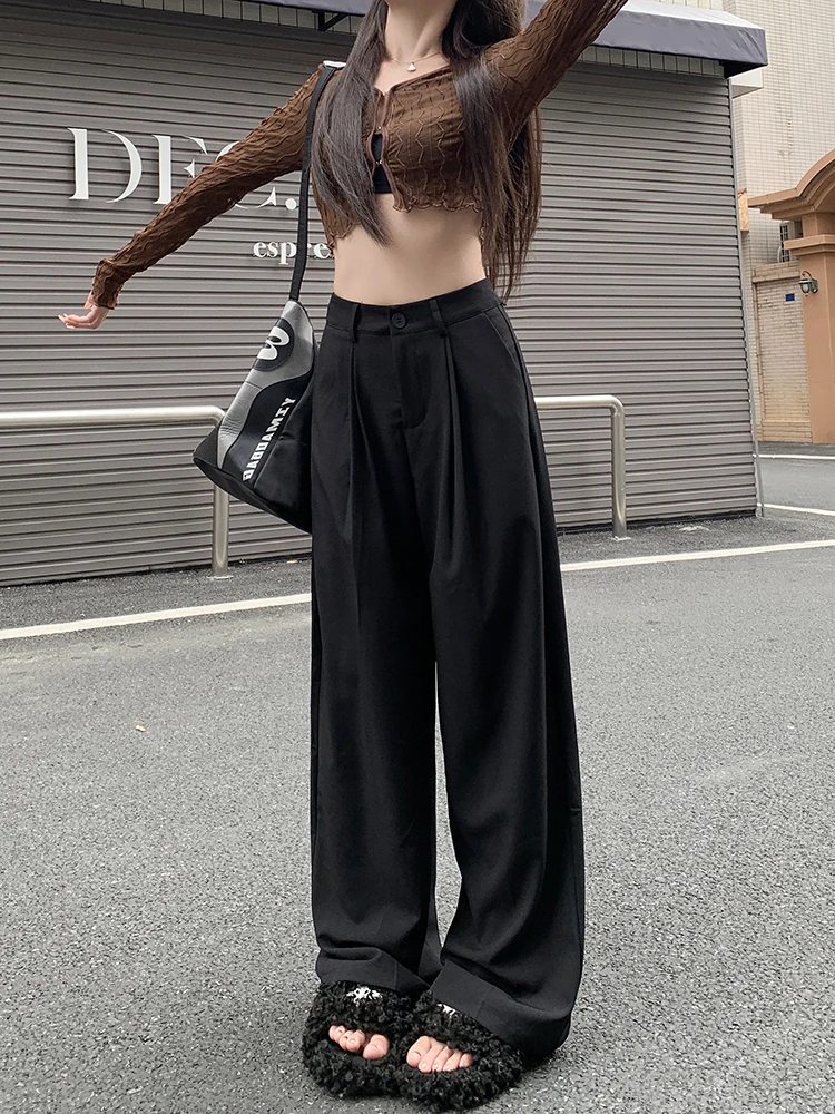 

Korean style Draped Slimming High Waist Trousers, Loose Fit Straight Leg Floor-Length Design with Belt, Women's Stylish Bottoms