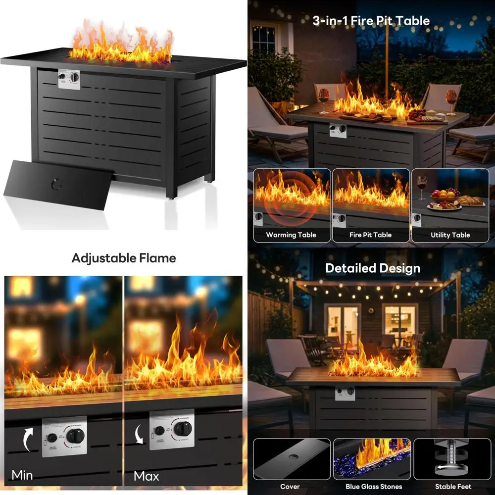 

43 квадратных стол для костра на пропане с разрешением 50 000 БТЕ, многоцелевым использованием, стальной столешницей и синими стеклянными камнями