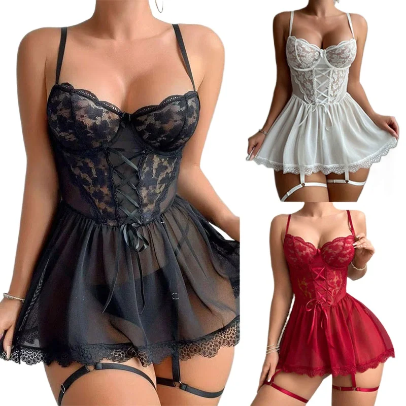 

Изысканный комплект эротического белья: пеньюар, бюстгальтер с трусиками-стрингами, кольца для ног, пижама с подвязками, ночная сорочка больших размеров, комплект для сна