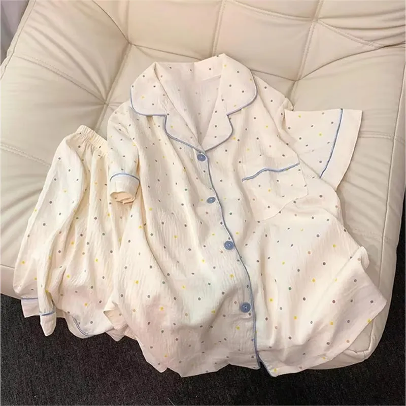 Hot Sell Cute Polka Dot Cloud Cotton Sleepwear Set Women's Short Sleeved Home Wear Summer Soft Home Sleeping Wear Cute And Sweet