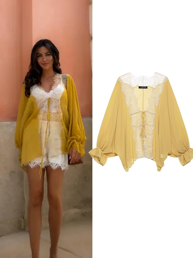 

HH Summer New Style Retro Romantic French Lace Chiffon Shirt Women's V-neck Front Tie Flowing Long-Sleeved Top Elegant Wear