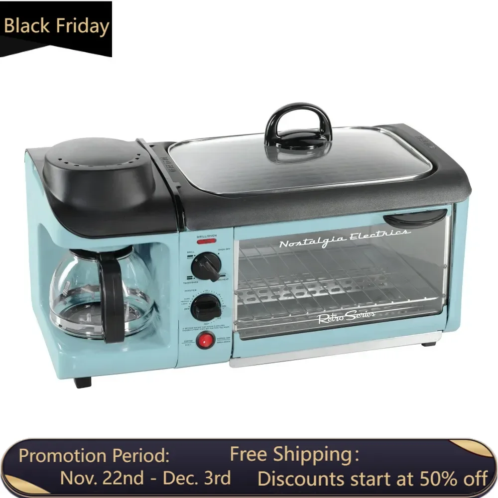 Electric Oven, Retro 3-in-1 Family Size Electric Breakfast Station, Coffeemaker, Griddle, Toaster Oven - Aqua Mini Oven