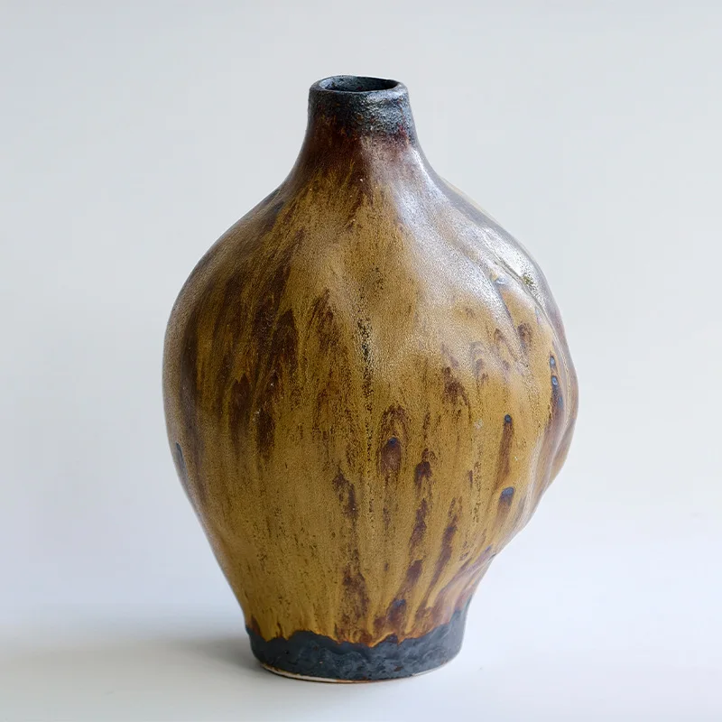 Dunhuang oil painting wabi wind ceramic vase coarse pottery vase flower arrangement retro handmade homestay ornament new