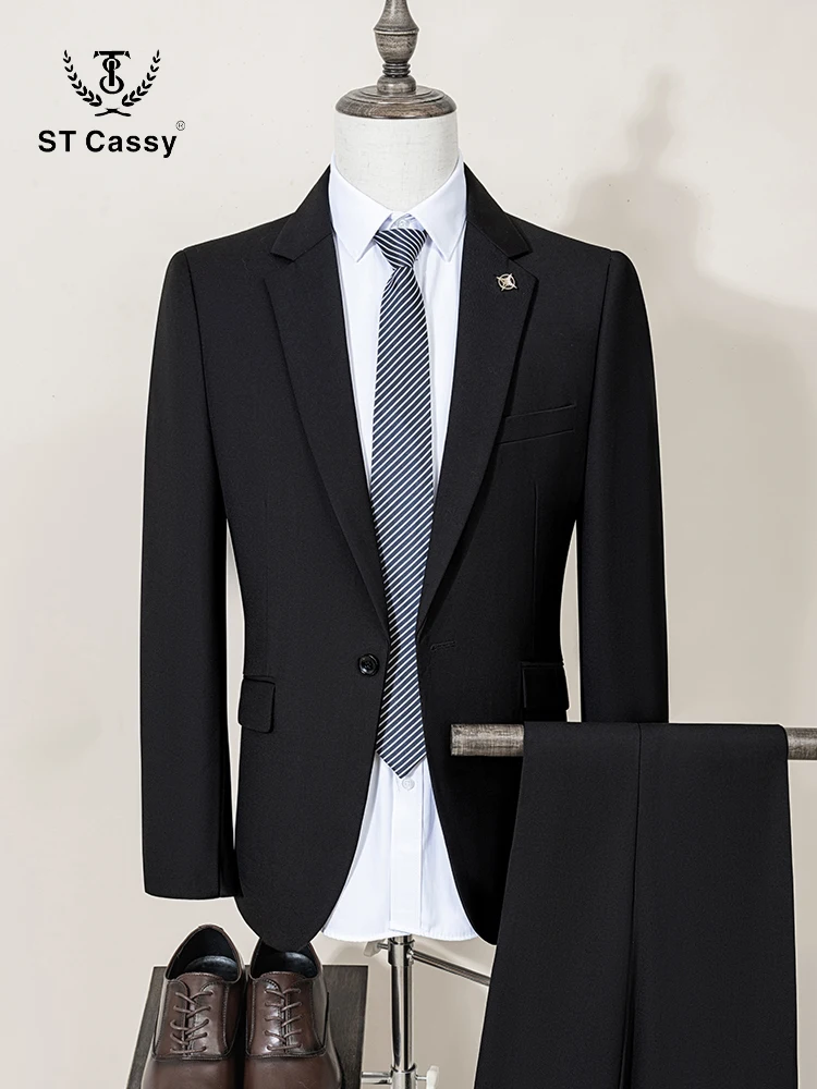 

ST Cassy black Men's Suit Slim Fit Solid Color Suit Formal Business Office Single Breasted Coat Pants 2 Pieces Set