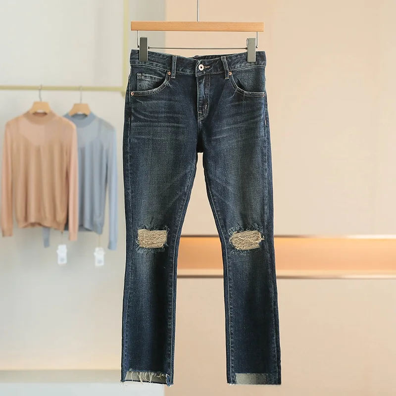 

Fashionable Slim Fit Distressed Frayed Denim Jeans High Waist Cotton Stretch Fabric Zipper Closure Autumn Season Ladies Jeans