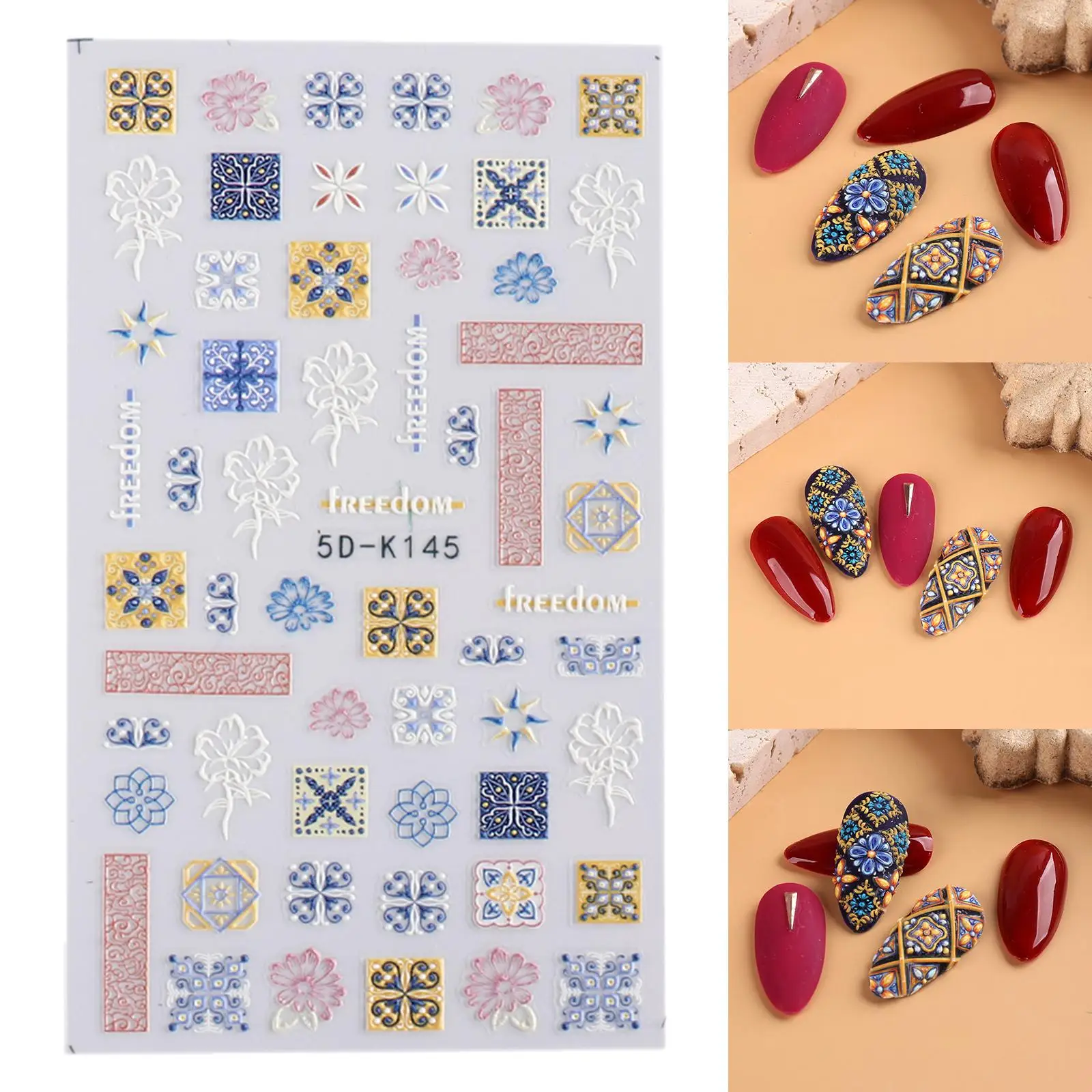 Mandala Flower Leaf Nail Sticker 5D Embossed Cartoon Planet Nail Art Decals for Home Salon Manicure Gift