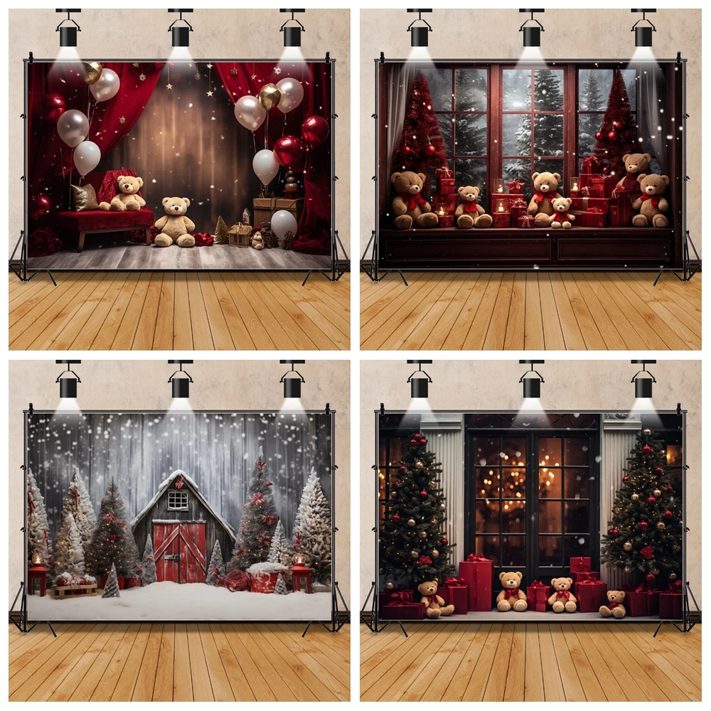 Christmas Bear Toys Backdrop Gifts Window Starry Sky Xmas Tree Kids Portrait Photo Background Red Curtain Photography Photoshoot