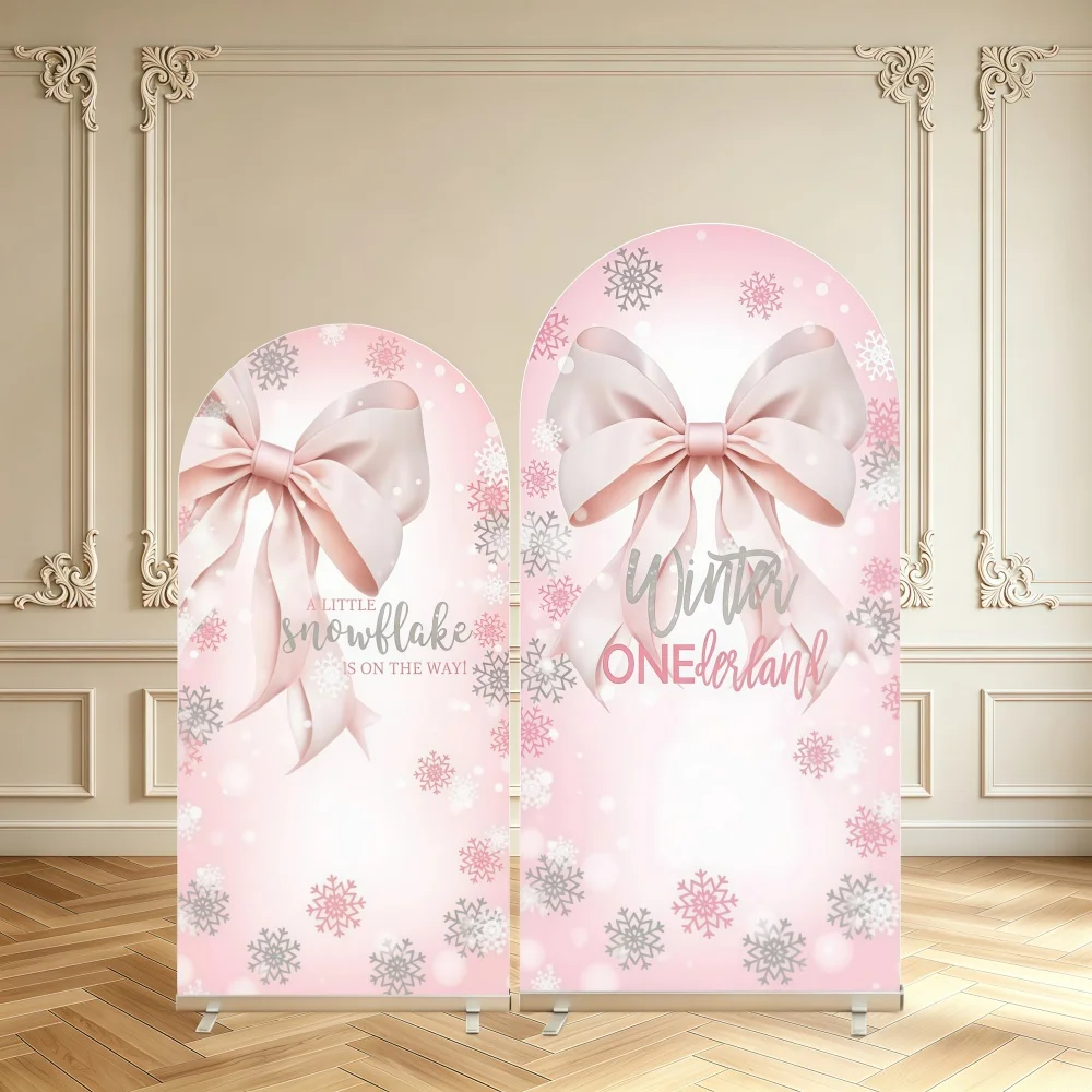 Winter Baby 1st Birthday Backdrop Pink Bow Snowflake A Little Snowflake Is On The Way Baby Shower Party Arch Cover Background