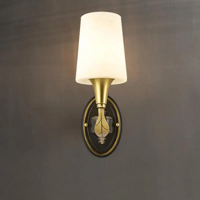 American-style All copper Glass lampshade Wall Lamp LED Pastoral Bedroom Bedside Lamp Aisle Balcony Living Room deco wall sconce