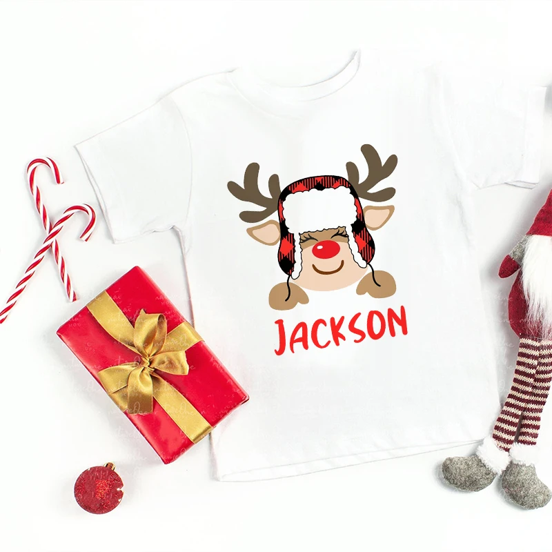 Personalized Christmas Family Matching Clothes Custom Deer with Name Mother Father Kids T-shirt Xmas Family Outfit Tops T Shirt