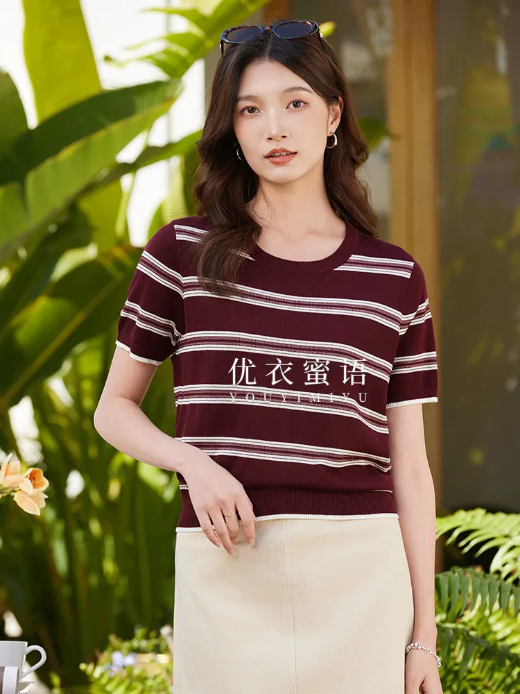 Laiselis C1321 Blusa Feminina de Malha Listrada com Gola Redonda, Viscose Macia, Nova Coleção de Verão, Casual, Caimento Solto, Manga Curta