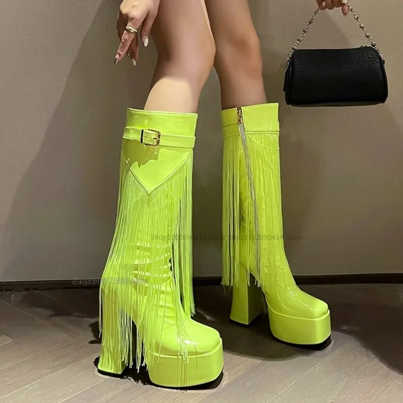 

Fluorescent Green Tassels Decor Platform Boots Over The Knee Women Shoes Chunky High Heels Square Toe 2023 Zapatos Para Mujere