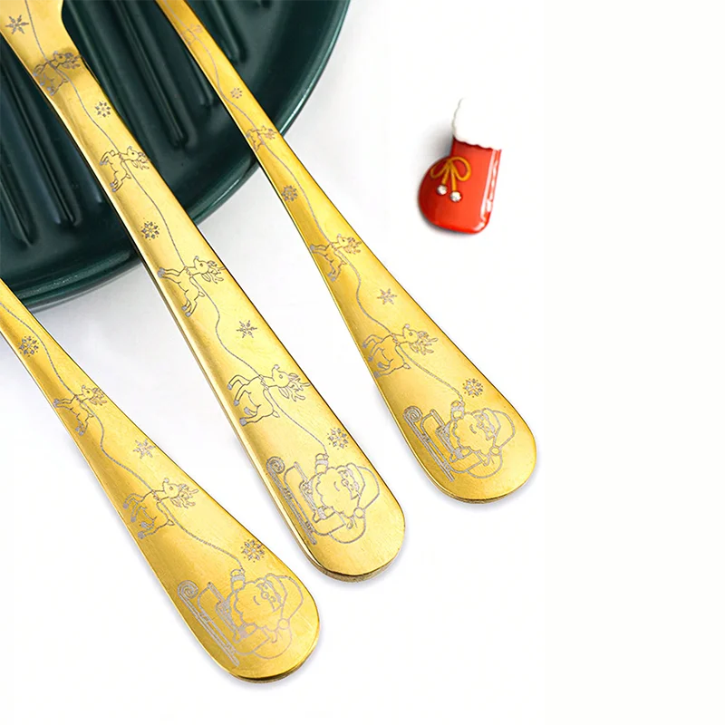 4 قطعة أدوات المائدة الفولاذ المقاوم للصدأ أواني الطعام مجموعة عيد الميلاد مجموعة أدوات المائدة سكين شوكة ملعقة قهوة مرآة طقم ملاعق هدايا عيد الميلاد #4