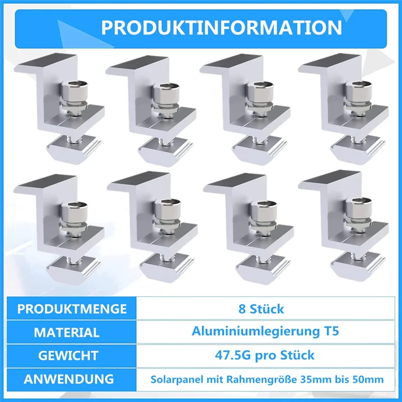 Pack of 8 Solar Module Brackets, Solar Panel Holder, End Clamp, Adjustable, Fixing Solar Module Holder (35 mm)