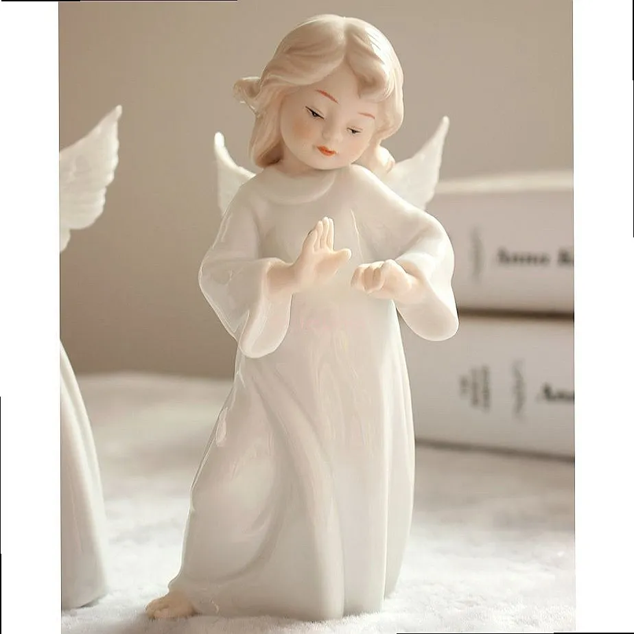Adorable Ceramic Angel Couple Figurine Creative Birthday Gift for Girls Bedroom Cute Decor Ornament