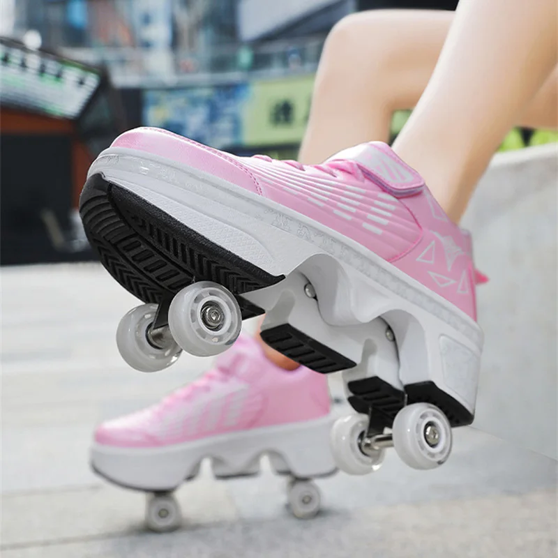 Roller Parkour Shoes 4 Roller Deformation Skates Shoes Kids Adults Unisex Sneakers Street Urban Fitness FSK Quad Skating Shoes