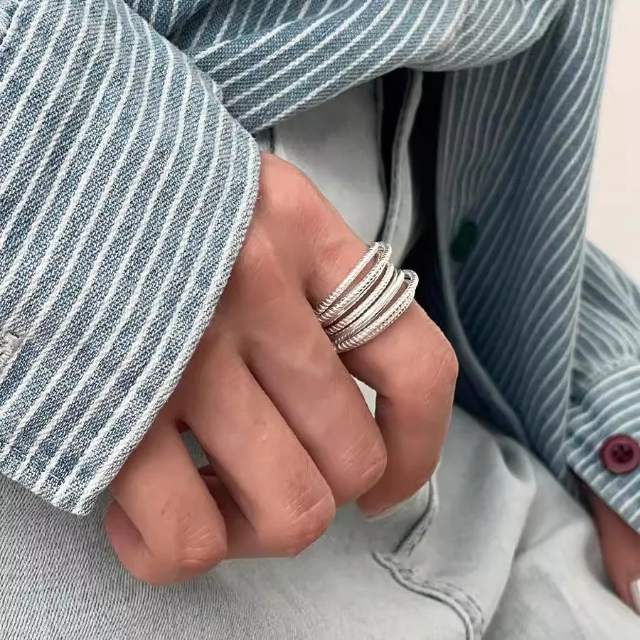 925 Sterling Silver Open Finger Ring Wide Multilayer String Stackable Geometric Punk For Women Jewelry Gift Dropship Wholesale