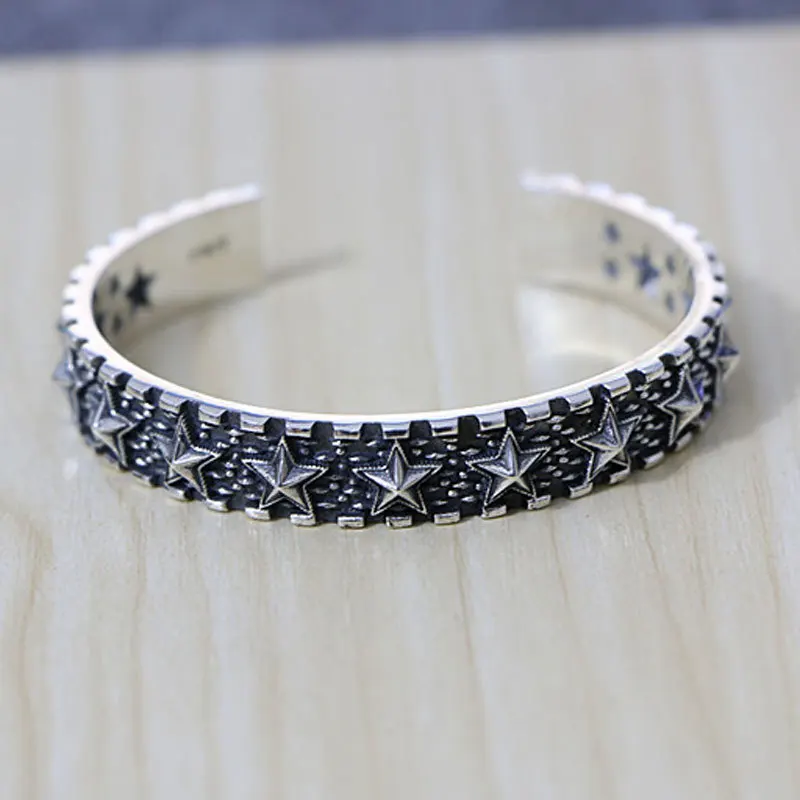 

European and American trend punk style jewelry S925 sterling silver Pentagram bracelet male opening Thai silver retro star brace