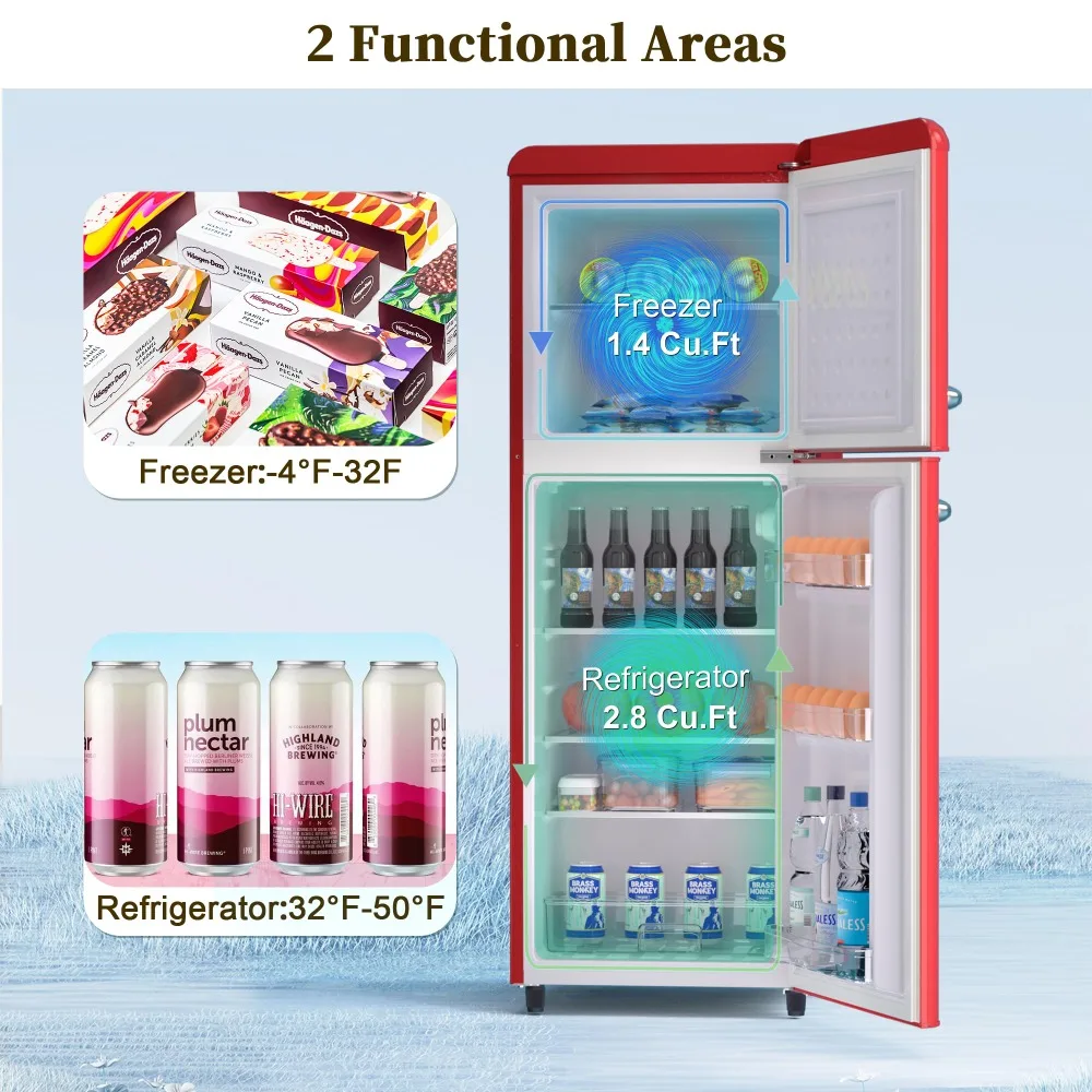 4.2 Cu. Ft. Retro Mini Fridge with Freezer, Double Door Small Fridge with Adjustable Thermostat for Apartment,Office (Red)