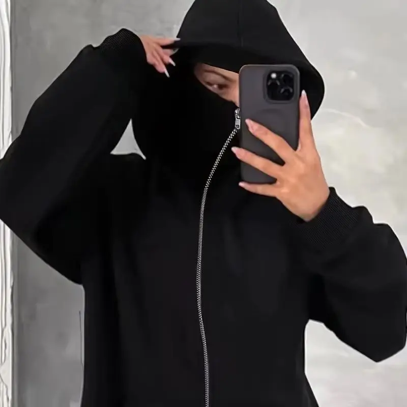 

Balaclava Men Zip Hoodie Winter Warm Casual Sweatshirt Y2K with Hooded Face Mask Zipper Design Sports Jacket Outdoor Activities
