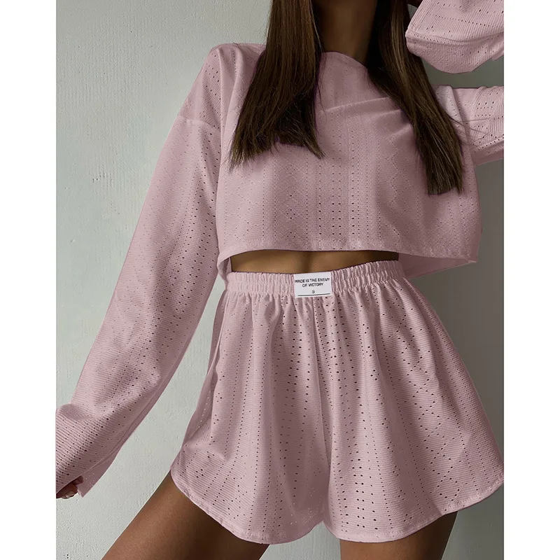 Women's Pajamas Set Spring Long Sleeve Tops With Shorts Sleepwear 2 Piece Set Loose Round Neck Home Wear Loungewear Pyjama Femme