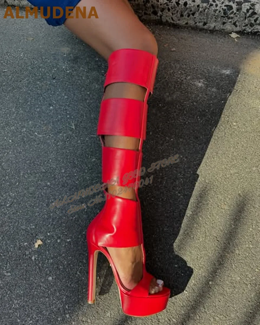 

ALMUDENA Red Black Matte Knee High Sandal Boots Hollow Out Stiletto Heels Platform Dress Shoes Sexy Zipped Tall Boots