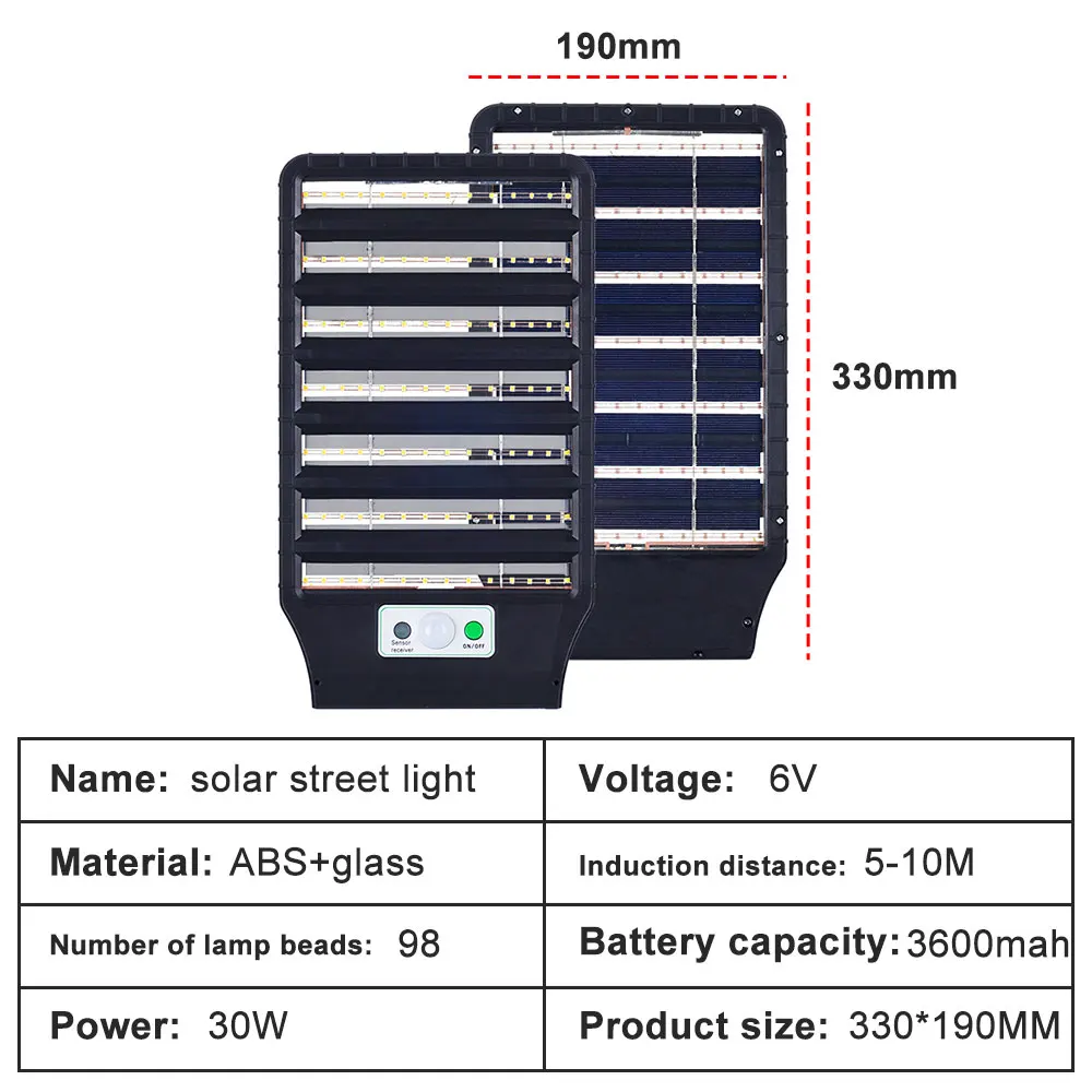 Powerful 30W 98LED Sensor Solar Street Light Strong Outdoor IP65 Waterproof Hunman Body Induction Garden Lamp Built-in Battery