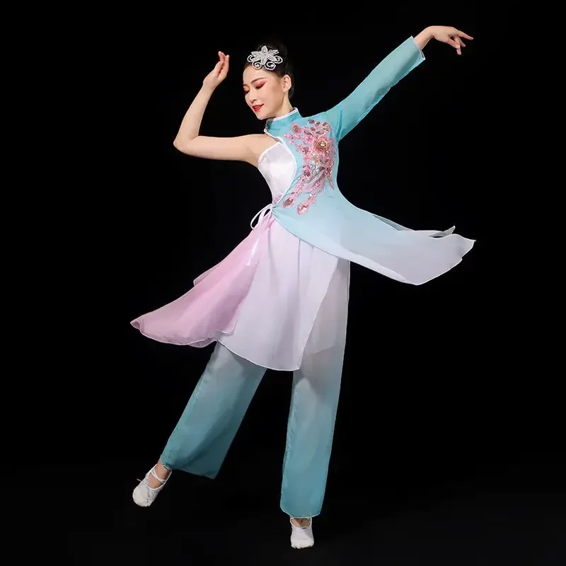 중국어 번체 고전 무용 의상 여성 고대 Hanfu 의류 국립 Yangko 댄스 착용 허리 드럼 무대 의상