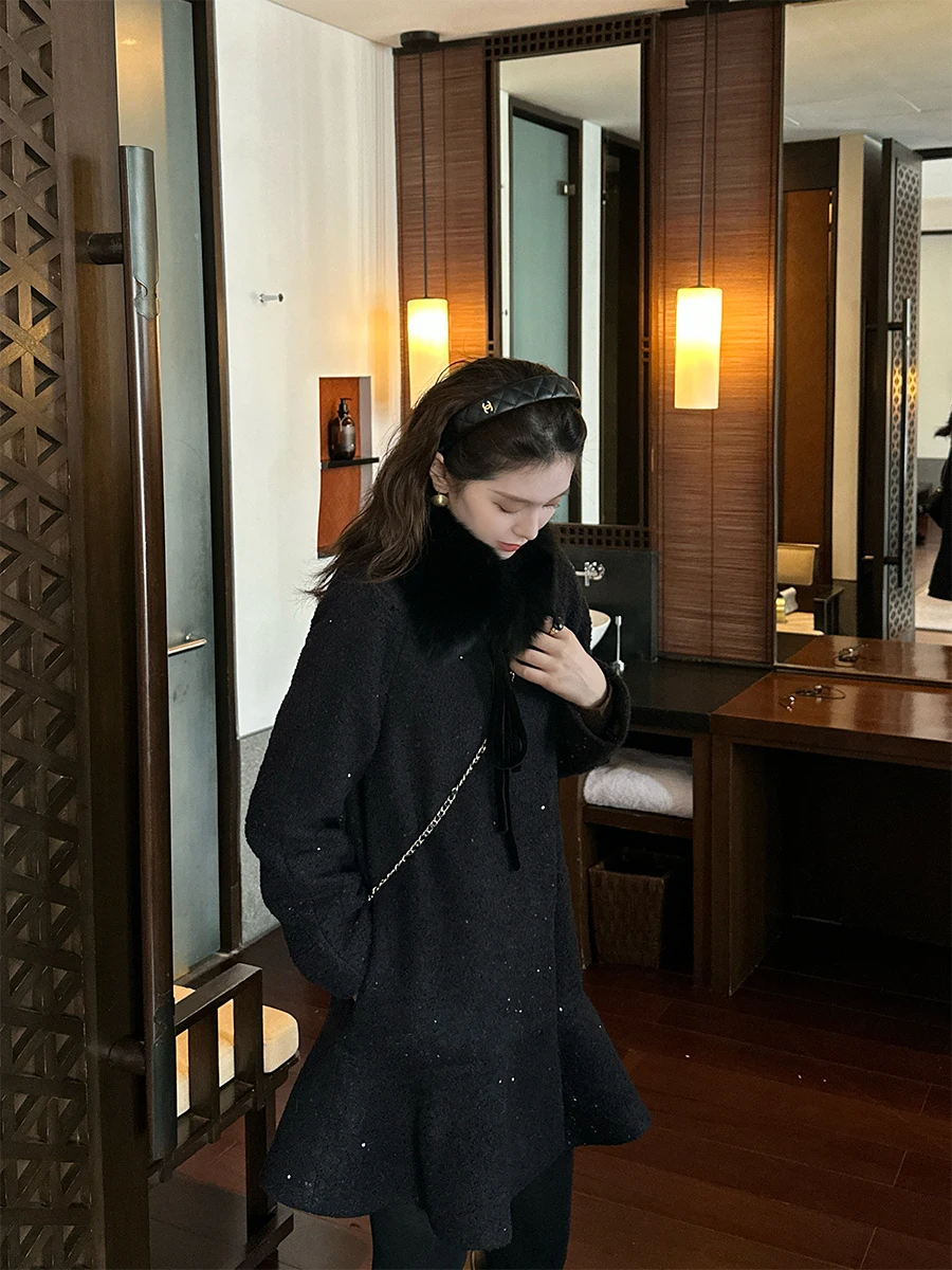 

Женское модное пальто Ele осень-зима с отстегивающимся меховым воротником, шерстяное, приталенного кроя, высокое качество