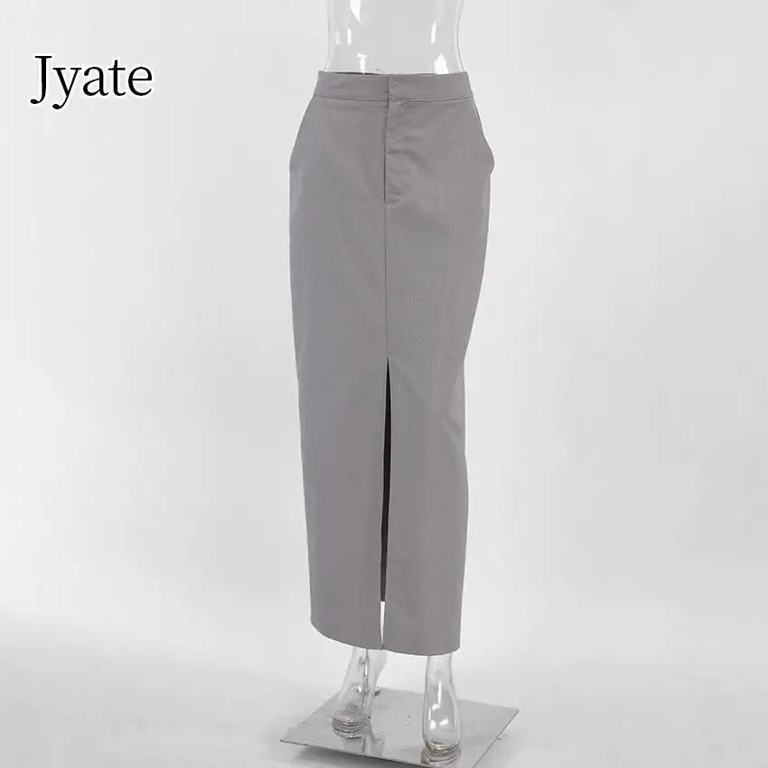 Jyate Office Straight Split Skirts Women Elegant Gray High Waist Long Skirts Street Chic Twill Ankle-Length Skirt Female 2023