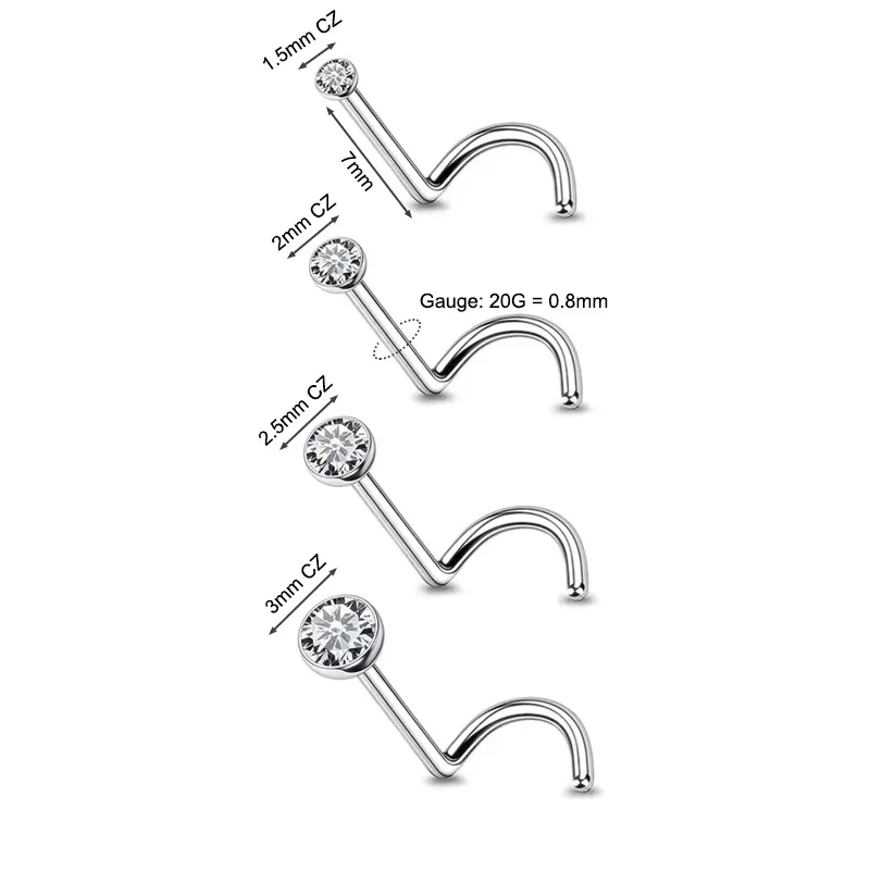 4PCS 20G 1.5-3mm Jeweled Tophus Clear Diamond CZ Nose Screw Studs Nose Hoop Rings Lip Tragus Cartilage Piercing Jewelry