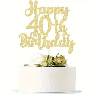 1pc Golden Brilling Birthday Cake Topper, decoración del pastel de cumpleaños número 40, decoración dorada brillante 10 mejores ventas de 40 años topper de pastel de cumpleaños - №6