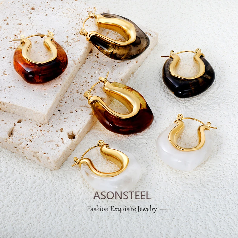 

ASONSTEEL Fashion Classic Resin Hoop Earrings Golden U-shaped Geometric Earrings For Women's Banquet Personality Jewelry Female