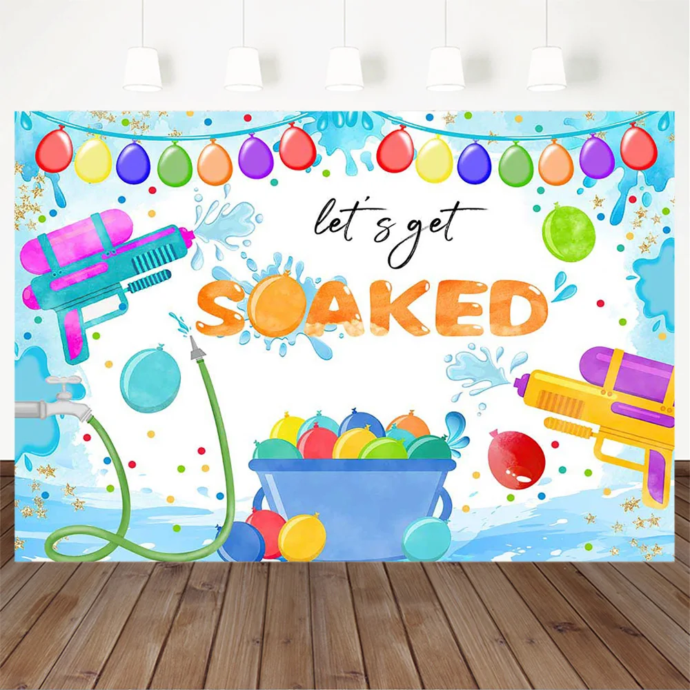 Summer Water Gun Party Background Poster Let's Soaked Blue Boy Birthday Balloon Decoration Backdrop Child Kids Studio Photocall