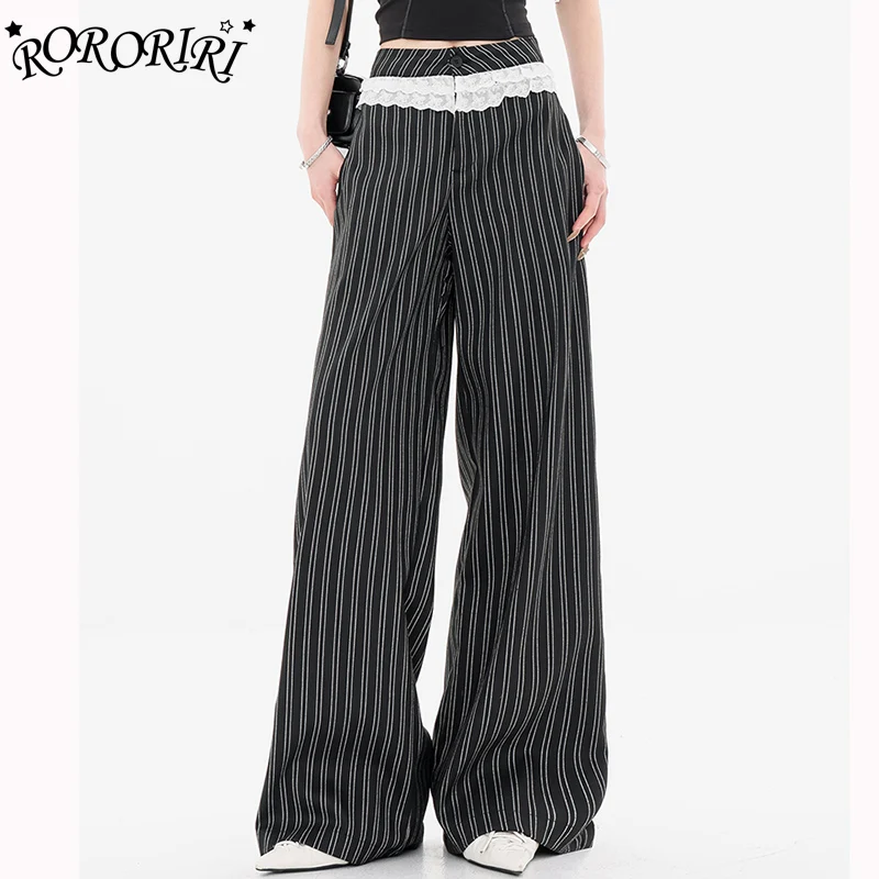 

RORORIRI Black Vertical Stripes Women Trousers Flared Pants Double-Layer Lace Waistband Low-Rise Long Trousers Casual Streetwear