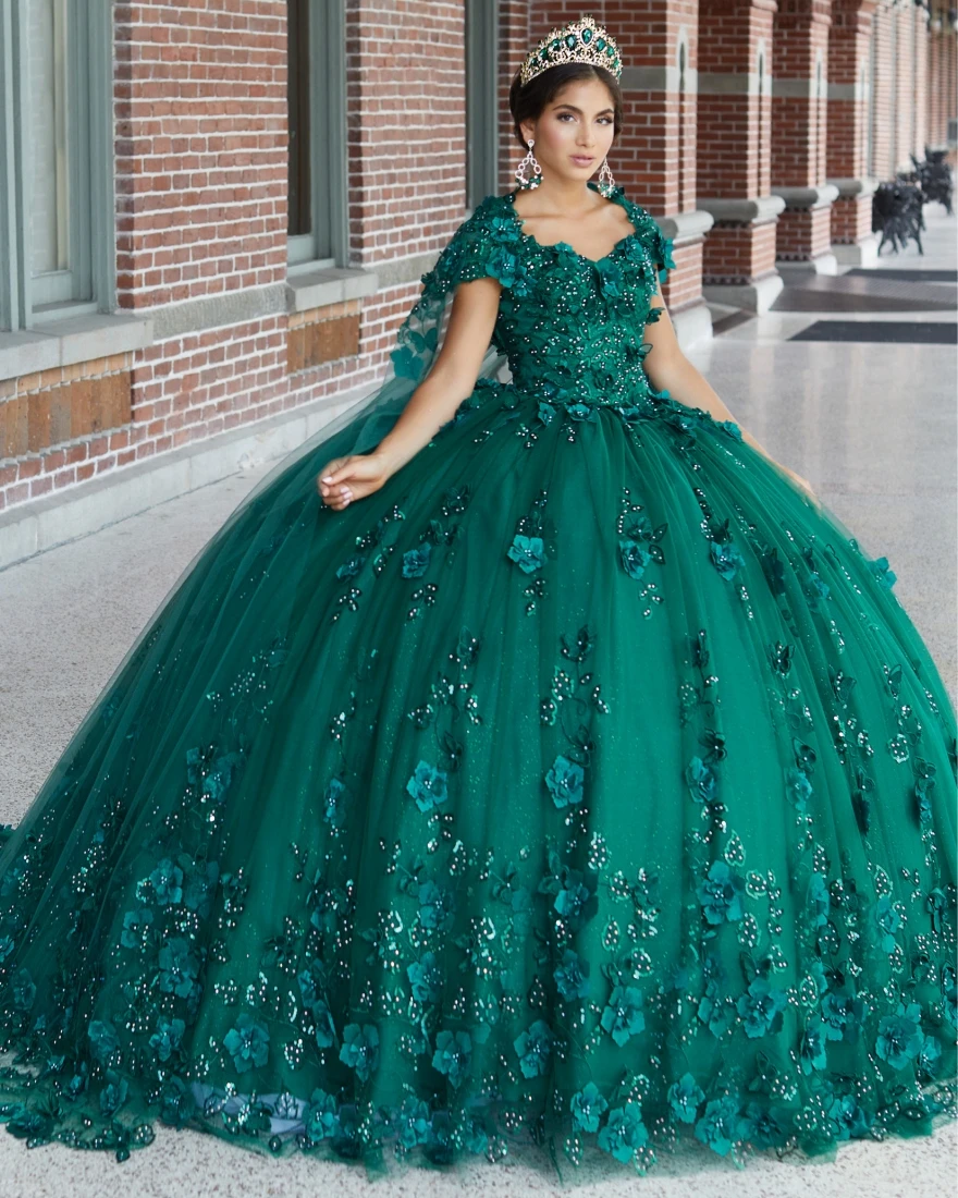 

Lorencia Темно-зеленые платья Quinceanera 2023, бальное платье с кепкой и 3D цветочной аппликацией, расшитое бисером, Sweet 16, Vestido De 15 Anos YQD164