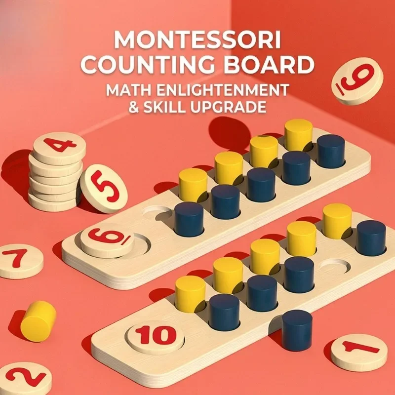Montessori Math Manipulatives Wooden Ten-Frame Counting Set, Number Sense Enlightenment Teaching Aid for Kids Learning Addition