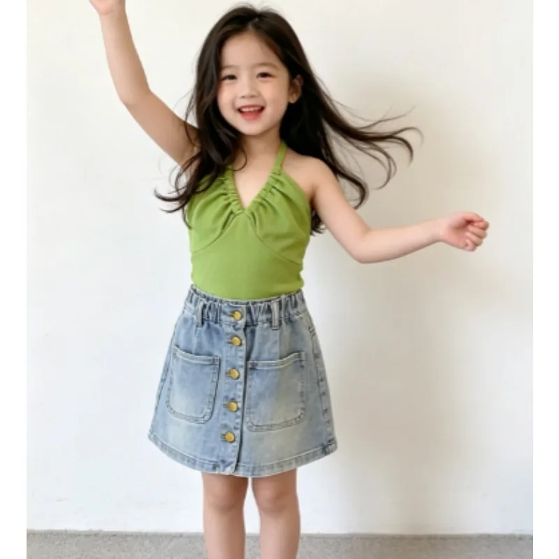 Summer Cool Baby Girls' Spicy Style Backless Vest, Bottom Hanging Neck Button Denim Skirt Pants Set