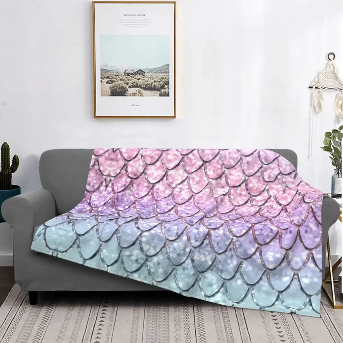 Mermaid Scales On Unicorn Girls Glitter Blankets Fleece Winter Portable Ultra-Soft Throw Blanket for Bed Couch Plush Thin Quilt