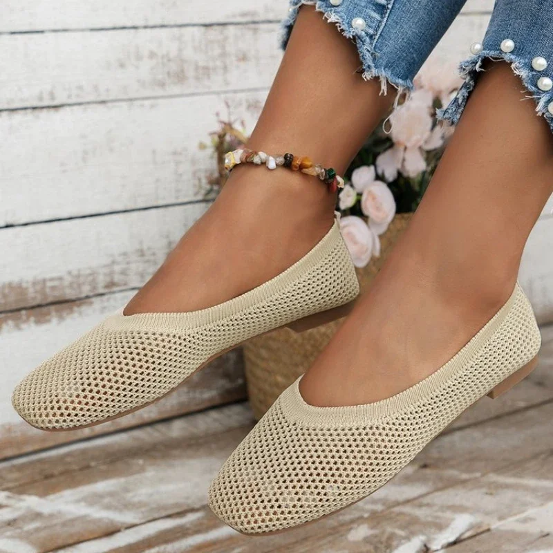 Women Round Toe Flat Shoes Solid Color Knitted Slip on Shoes Casual Breathable Ballet Flats Women Mesh Flat Shoes Loafers Woman