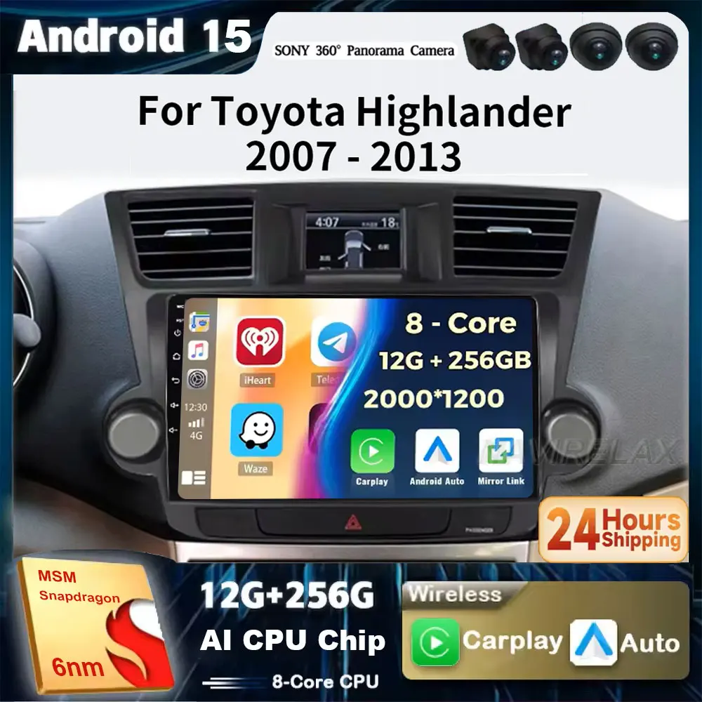 10 Radio For Toyota Highlander Kluger 2008 - 2014 2 Din Android 15 Car Radio Multimedia Video Player GPS Navigation 4G Carplay