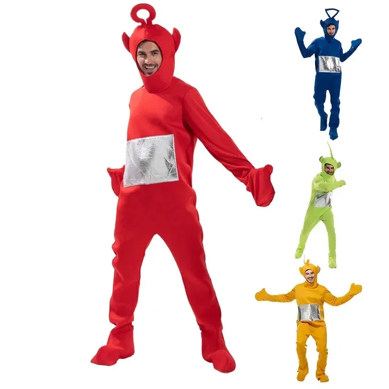 ชุดคอสเพลย์สําหรับผู้ใหญ่JumpsuitหมวกตลกTinky Winky Dipsy Laa-Laa PoฮาโลวีนCarnivalเสื้อผ้าเครื่องแต่งกาย