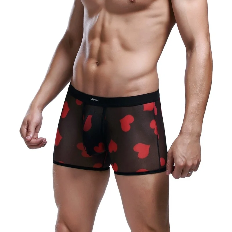 Sexy Men\'s Mesh Transparent Boxer Shorts U Pouch Ultra-thin Ice Silk Breathable Mens Boxers Underwear Heart Print Underpants