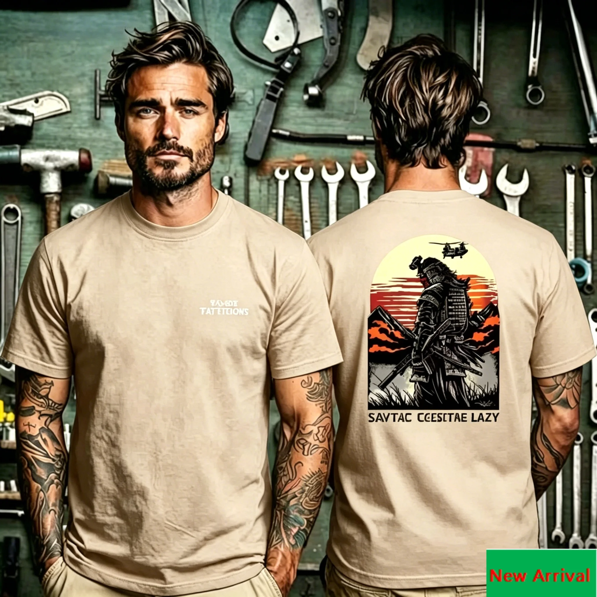 SAVTAC Samurai and Army Helicopter Double Sided Print T Shirt, Vintage Sunset Tactical Fusion Graphic, Unisex T Shirt