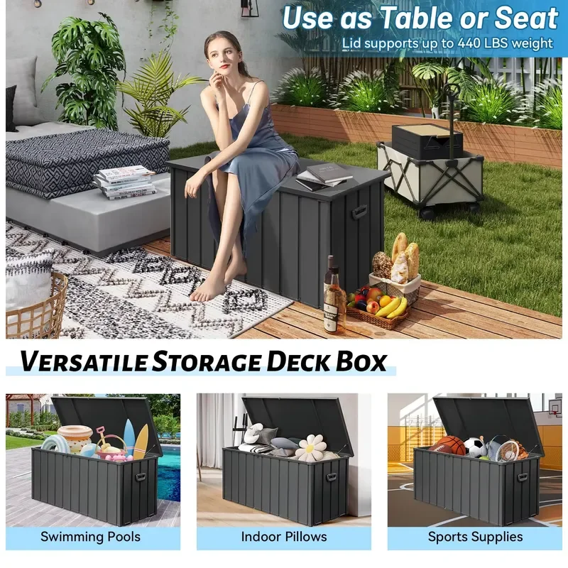 190 Gallon Waterproof Metal Deck Box Large Patio Storage Locker Outdoor Grey Bench Seat Container for Garden Yard