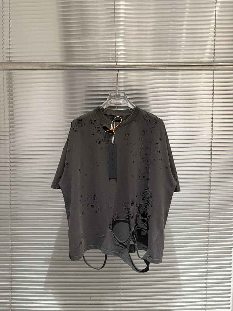 Oversized Destroyed Distressed Hole T Shirt Vintage Washed Grey Cut Out Strap Hem Unisex Streetwear Cotton Short Sleeve Tops